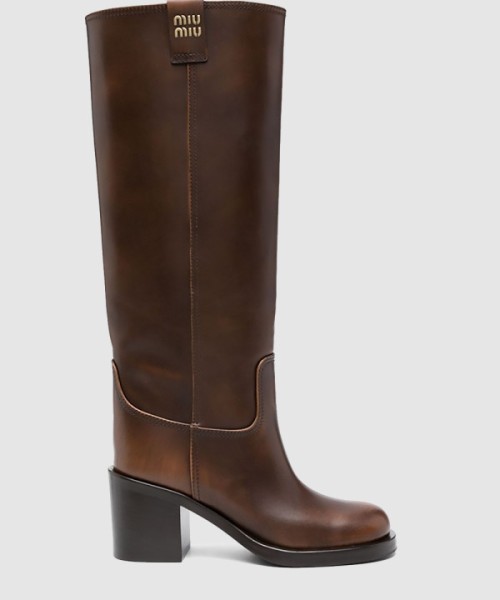 미우미우 로고 디테일 레더 하이 부츠 5W967D