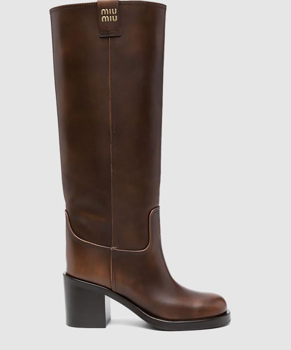 미우미우 로고 디테일 레더 하이 부츠 5W967D