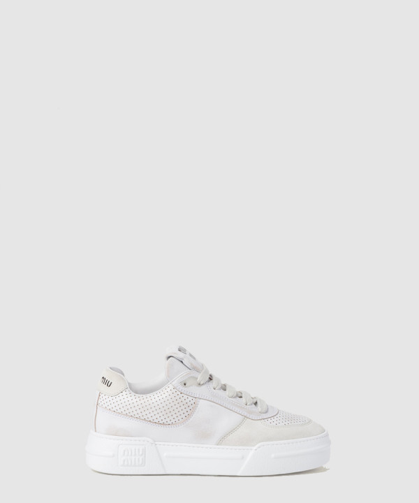 미우미우 블리치 가죽 스웨이드 스니커즈 5E150E