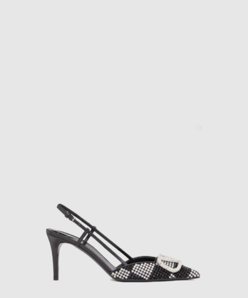 발렌티노 로고 크리스탈 임베리쉬드 레더 슬링백 펌프스 3W0S0R