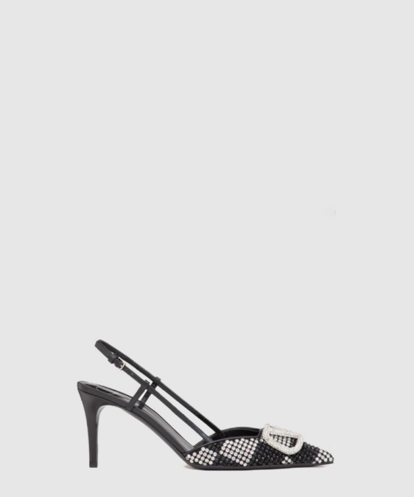 발렌티노 로고 크리스탈 임베리쉬드 레더 슬링백 펌프스 3W0S0R