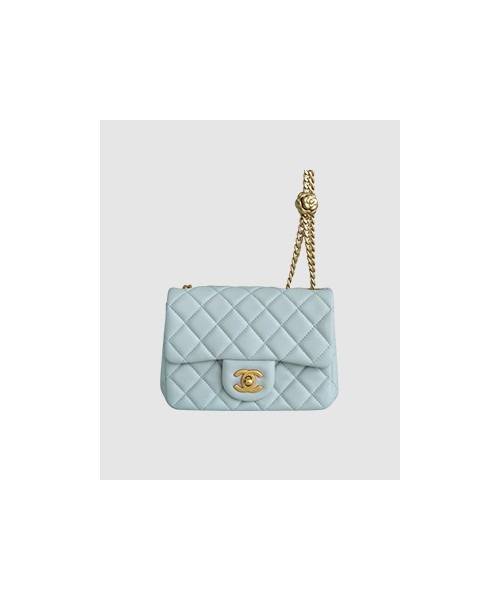 샤넬 클래식 플랩백 뉴미니 라이트블루 금장 까멜리아