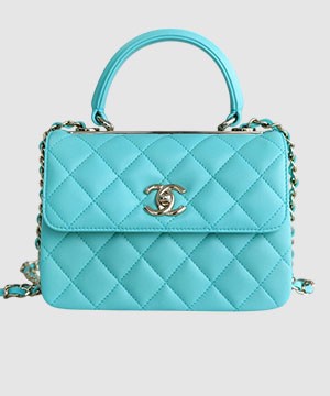 샤넬 클래식 탑핸들 미니 백 블루 램스킨 은장