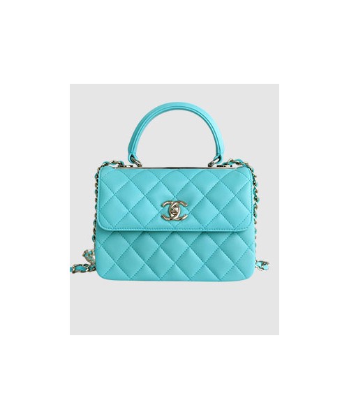 샤넬 클래식 탑핸들 미니 백 블루 램스킨 은장