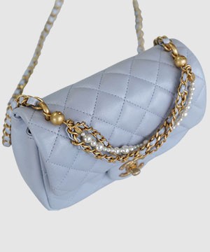 샤넬 클래식 더블 체인 숄더백 라이트 그레이 금장