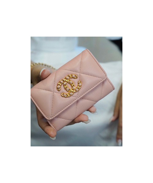 샤넬 19 플랩 카드지갑 램스킨 금장 핑크 AP1790