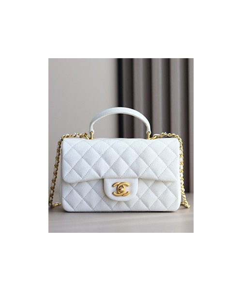 샤넬 핸들 미니 CF 플랩백 램스킨 화이트 금장