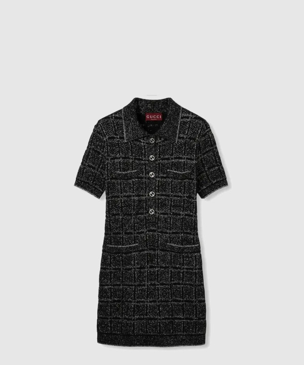 구찌 울 및 라메 체크 자카드 드레스