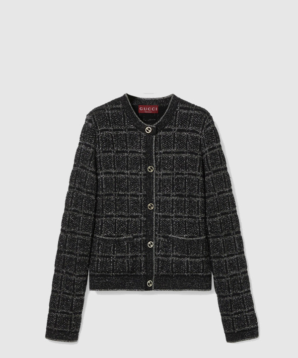 구찌 울 및 라메 체크 자카드 가디건