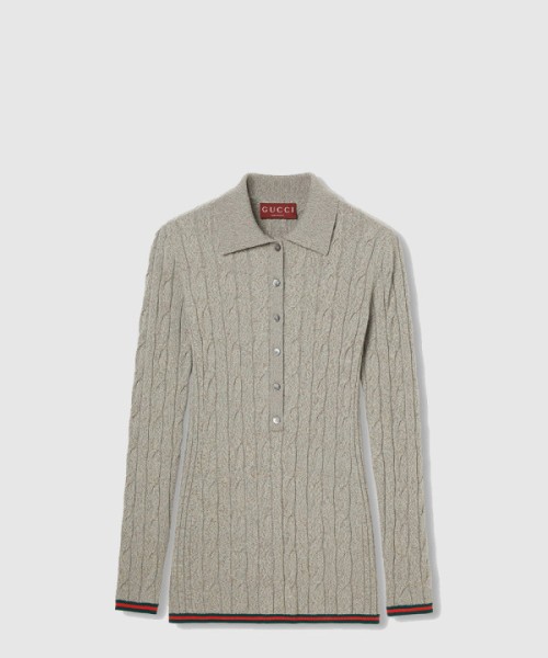 구찌 파인 케이블 및 리브 울 폴로 탑