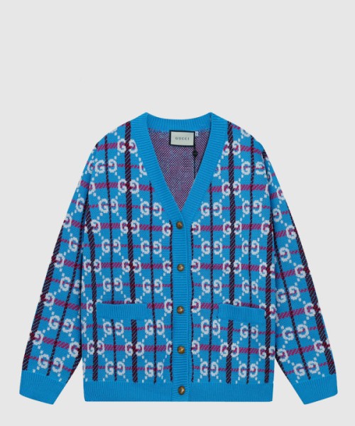 구찌 GG 로고 체크 소프트 울 브이넥 가디건