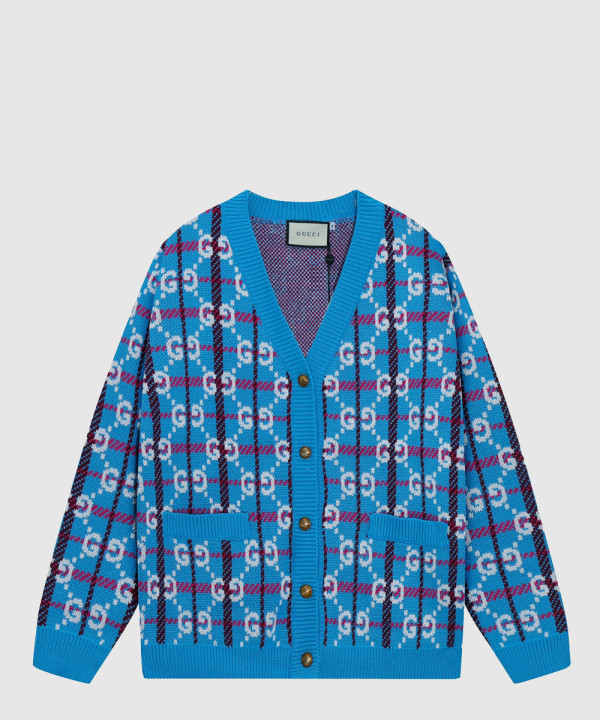 구찌 GG 로고 체크 소프트 울 브이넥 가디건