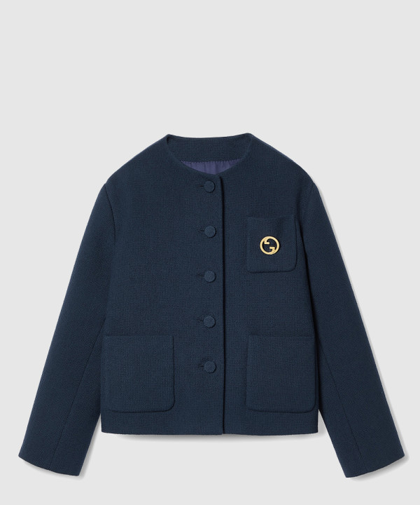 구찌 브로치 디테일의 코튼 트위드 재킷
