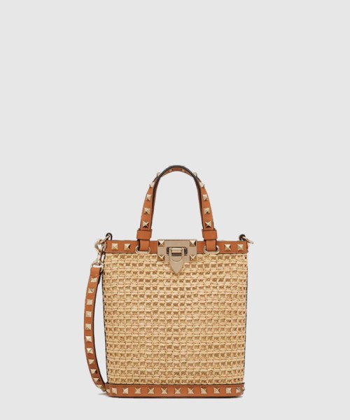 발렌티노 미니 락스터드 라피아 숄더백