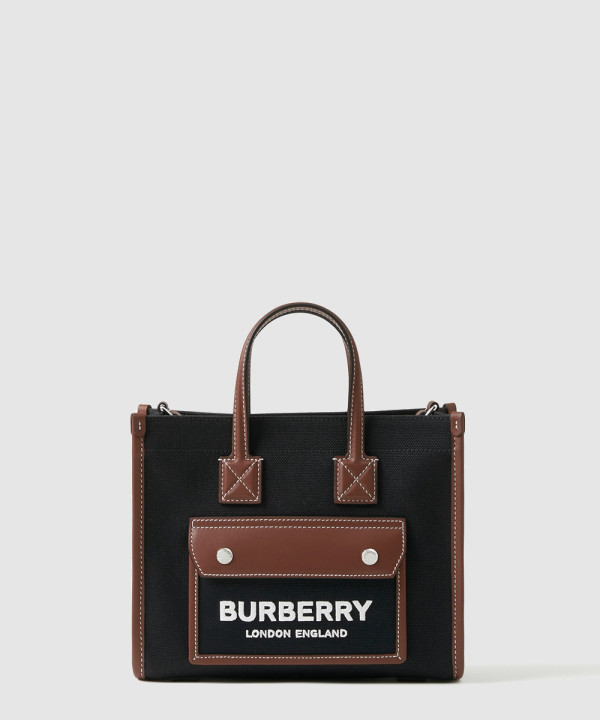 버버리 투톤 캔버스 레더 미니 토트 80557491