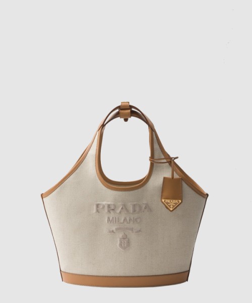 프라다 미디엄 리넨 혼방 및 가죽 토트백 1BG471